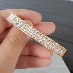 Real white topaz gemstone gold plated bangle bracelet